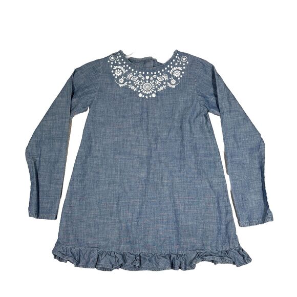 Lands End‎ Dress Girls 8 Blue White Floral Embroidered Chambray Ruffle Shift - Picture 1 of 8